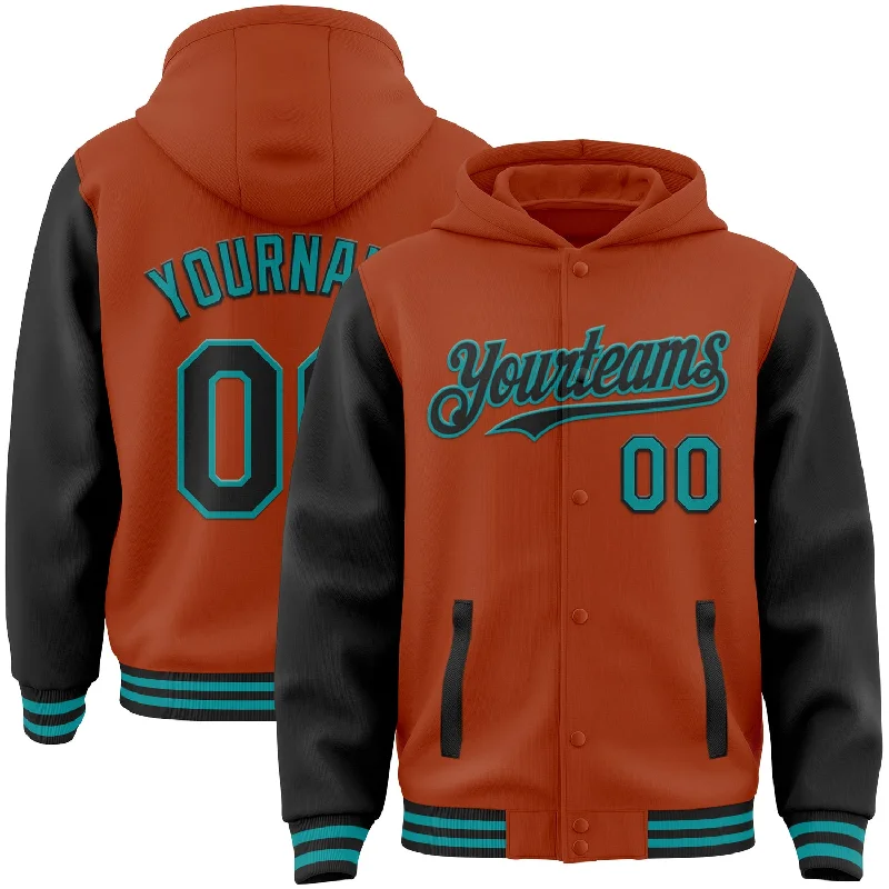 Custom Texas Orange Black-Teal Bomber Full-Snap Varsity Letterman Two Tone Hoodie Jacket