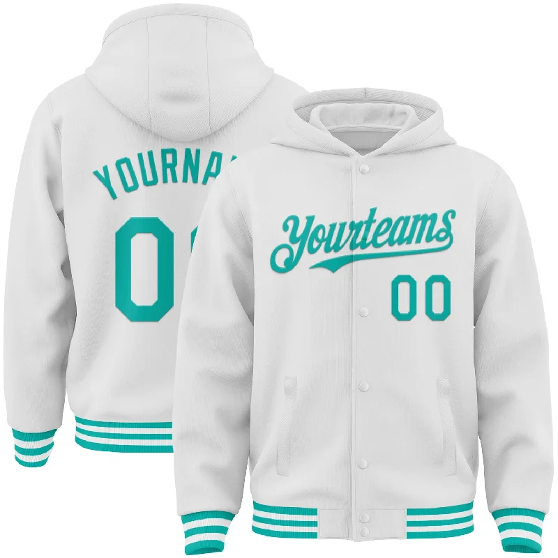 Custom White Aqua Bomber Full-Snap Varsity Letterman Hoodie Jacket