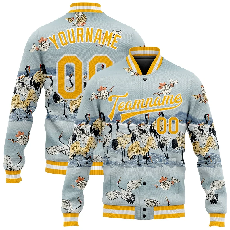 Custom Lakes Blue Gold-White Heron 3D Pattern Design Bomber Full-Snap Varsity Letterman Jacket