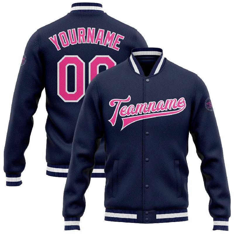 Custom Navy Pink-White Bomber Full-Snap Varsity Letterman Jacket