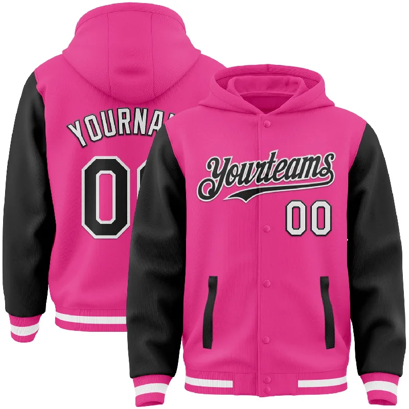 Custom Pink Black-White Bomber Full-Snap Varsity Letterman Two Tone Hoodie Jacket