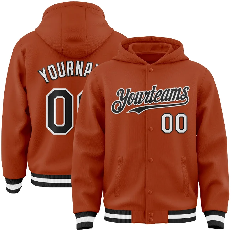 Custom Texas Orange Black-White Bomber Full-Snap Varsity Letterman Hoodie Jacket