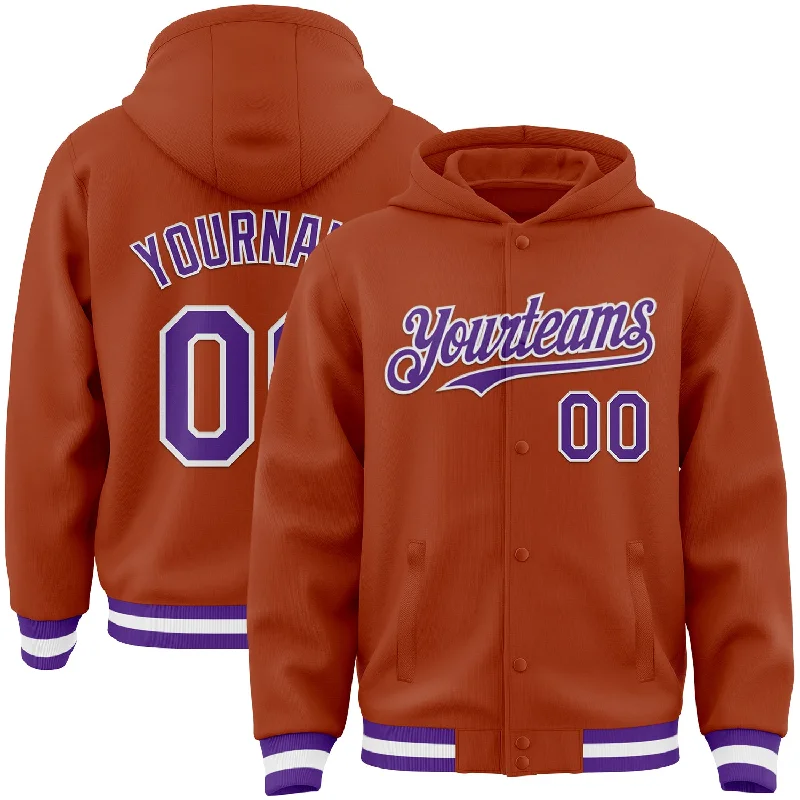 Custom Texas Orange Purple-White Bomber Full-Snap Varsity Letterman Hoodie Jacket