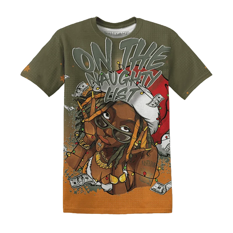 Trendy Unisex Streetwear Fashion Olive 5s NastyJamz T-Shirt Match Xmas Naughty List All-Over Print